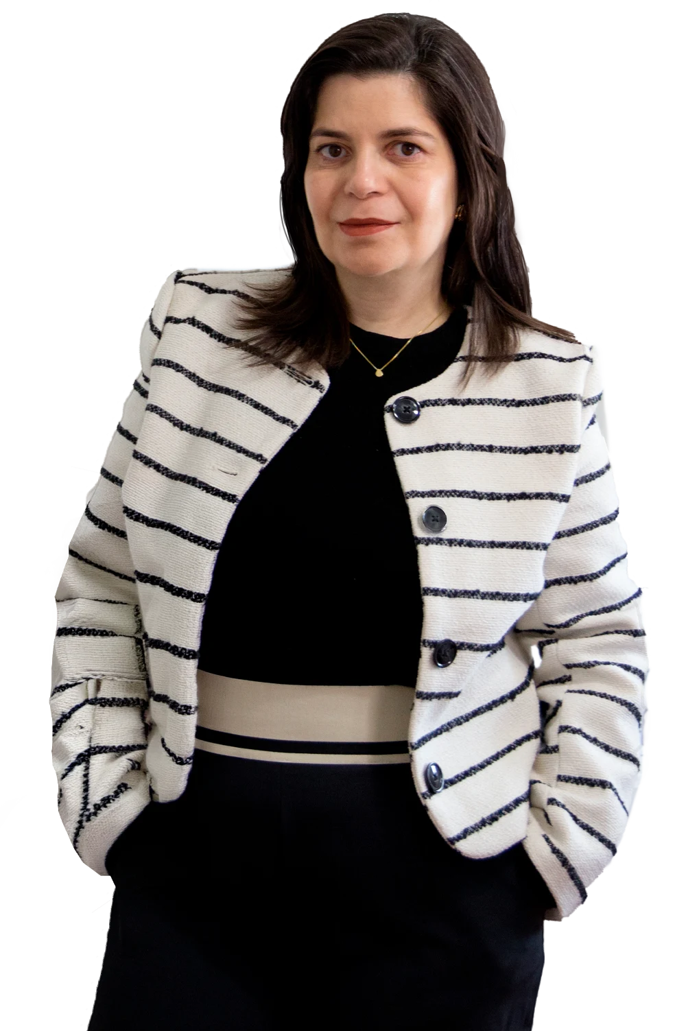 Renata Davite, psicóloga e criadora do Método V.I.V.E.R., com blazer claro listrado
